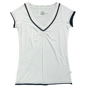 725 Originals Polka Dot Velvet Trim Lace V-Neck Y2K Baby Tee White Black - S